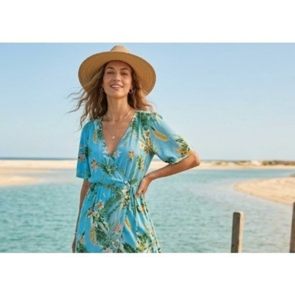 Lucky Brand V Neck Wrap Dress Women's Vacation Hawaiian Themed Flowery Small